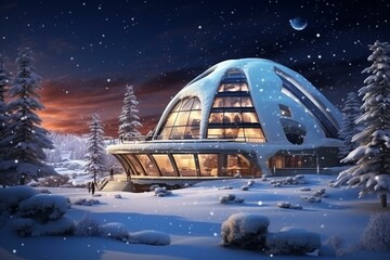 Illustration of a snowy yurt at the North Pole, surrounded by winter beauty and a landscape of snow. Futuristic house made of snow. Generative AI - obrazy, fototapety, plakaty