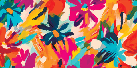 Hand drawn bright artistic abstract floral print. Modern cute collage pattern. Fashionable template for design. Floral vibrant pattern, with flowers backgrounds, vibrant acrylic colors brush strokes, - obrazy, fototapety, plakaty