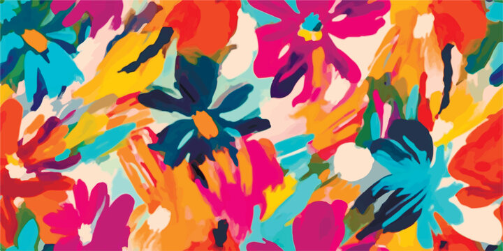 Hand drawn bright artistic abstract floral print. Modern cute collage pattern. Fashionable template for design. Floral vibrant pattern, with flowers backgrounds, vibrant acrylic colors brush strokes,