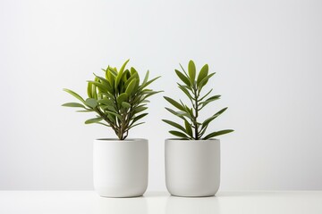 Two plants in white pots on white background. Generative AI