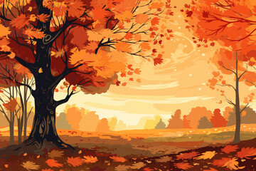 Fall autumn landscape background vector, simple abstract style. Good for fashion fabrics, children’s clothing, postcards, social post, books, wallpaper, banner, events, covers, advertising, and more. © TasaDigital
