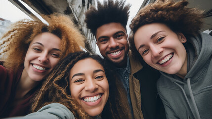 Happy group of young mixed race people smiling at camera outdoors - Smiling friends having fun hanging out on city street - University students posing together