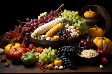 Cornucopia overflowing with a variety of fresh fruits, vegetables, and nuts, symbolizing abundance and the harvest season of Thanksgiving
