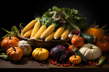 Cornucopia overflowing with a variety of fresh fruits, vegetables, and nuts, symbolizing abundance and the harvest season of Thanksgiving