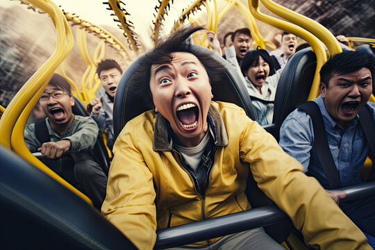 Group Of Asian Tourists Screaming And Exciting On The Roller Coaster In The Amusement Park Background.