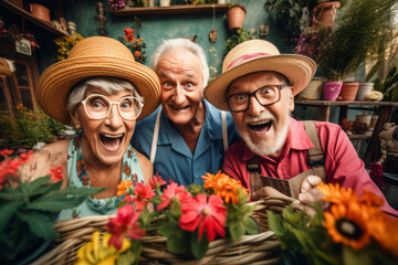 Happy group of senior friends smiling and laughing at camera outdoors - Older friends taking selfie pictures with smart mobile phone device - Life style concept with pensioners having fun together. - Powered by Adobe