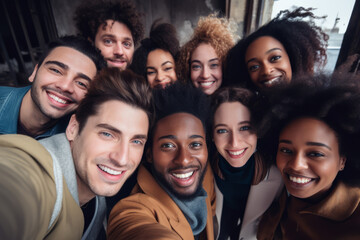Obraz premium Happy group of young mixed race people smiling at camera outdoors - Smiling friends having fun hanging out on city street - University students posing together