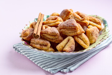 Homemade cottage cheese cookies with sugar and cinnamon.