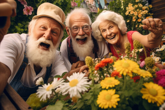 Happy group of senior friends smiling and laughing at camera outdoors - Older friends taking selfie pictures with smart mobile phone device - Life style concept with pensioners having fun together.