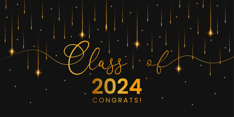 Class of 2024, word lettering script banner. Congrats Graduation lettering with shimmering golden particles on a dark background. 