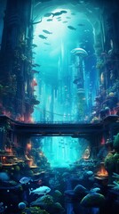 Submerged neon city beneath the waves. .