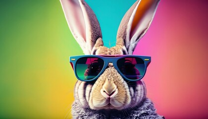 Cool bunny with sunglasses on colorful background. Generative AI
