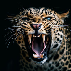 Obraz premium close up portrait of a leopard with a roaring expression. generative ai