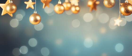 hanging golden start ornaments with bokeh light blue  New Year
