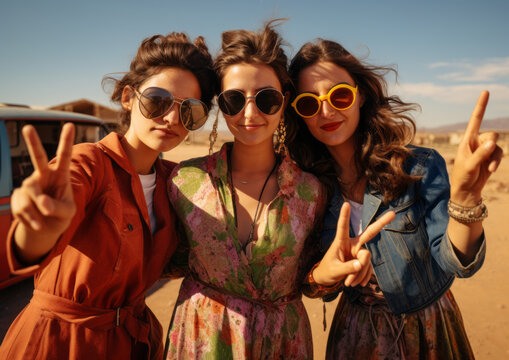 Three girls with attitude make sign of peace on the road