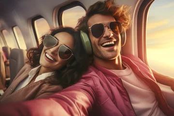 Photo sur Plexiglas Ancien avion Happy tourist taking selfie inside airplane - Cheerful family couple on rout to a summer vacation - Passengers boarding on plane - Holidays, fun and transportation concept