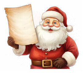 . Happy smiling Santa Claus is holding a piece of paper in his hand. Christmas design. Santa Claus reads congratulations. Santa Claus isolated on the white background.