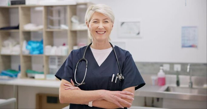 Vet smile, arms crossed and mature woman confidence in medical career, wellness clinic pride or healthcare work. Industry expert, portrait and senior veterinarian for veterinary care, help or service