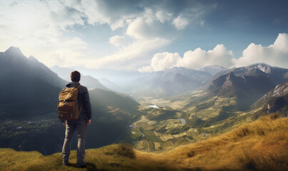 Successful man standing on the top of the mountain at sunset - Hiker climber with a backpack extreme climbing - Sport success and inspirational concept