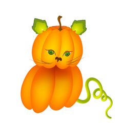 Halloween pumpkin cat with leaves instead of ears and sprout instead of tail vector illustration. Hide and seek game Halloween holiday concept. Red witch cat, turned into pumpkin. Enchanted kitten