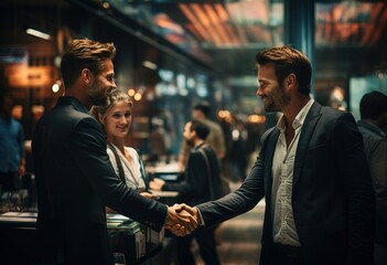 Shot of two businessmen shaking hands in the office. Two smiling businessmen shaking hands while standing in the office. Business people shaking hands ending a meeting - obrazy, fototapety, plakaty