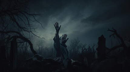 Hand Reaching up from a Grave for Halloween - obrazy, fototapety, plakaty