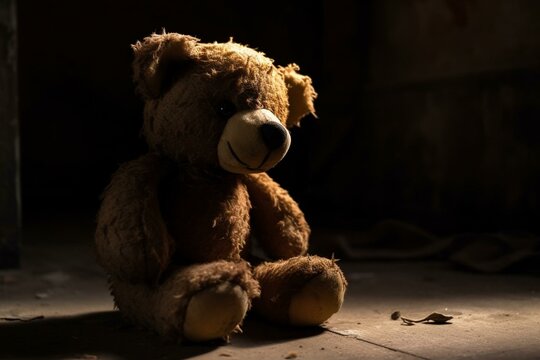 Tattered bear under dark shadow implies distressing scenarios: trauma, neglect, anxiety. Generative AI
