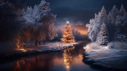 Crédence de cuisine en plexiglas Blue nuit Weihnachtsbaum, Christbaum in verschneiter Landschaft