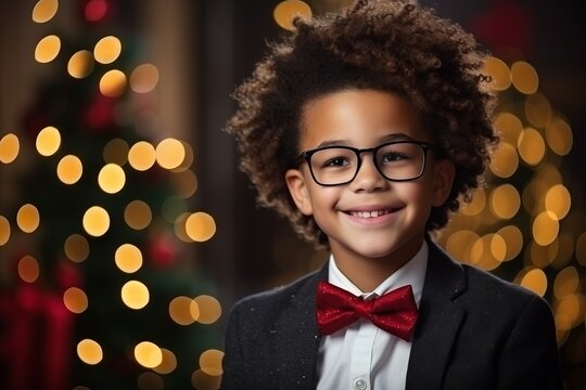 Portrait of a cute little boy in glasses and a bow tie