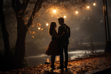loving couple walking in the park at evening - obrazy, fototapety, plakaty