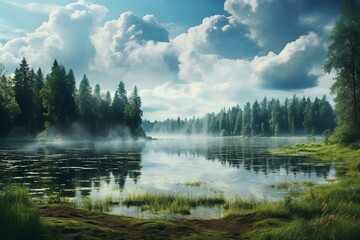 Naklejka na ściany i meble Serenely beautiful landscape of a white lake surrounded by trees and soft clouds. Generative AI
