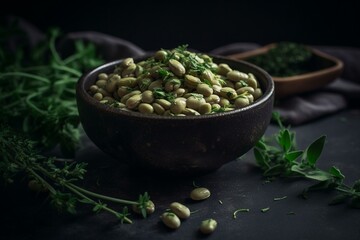 Herbed fava beans on dark background. Generative AI