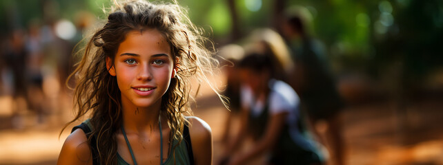 Inspiring young girl in sportswear, holding basketball on a neglected court filled with weeds.