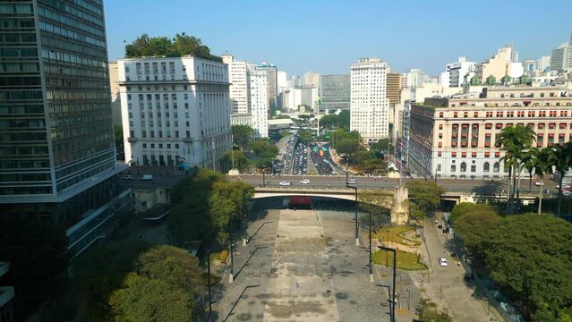Drone aerial shot of Sao Paulo Municipal Theater at downtown Sao Paulo Brazil. Stunning landscape of historic centre of city. 
