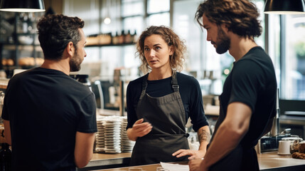 Small business owner of restaurant talking with personnel employees and giving them advice