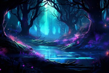 Realistic neon fantasy forest illustration. Generative AI