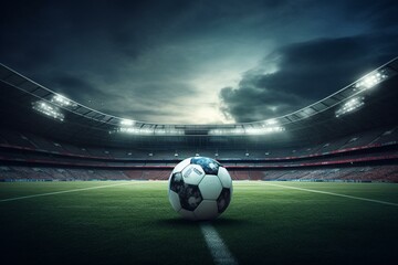 An image of a football stadium, with the ball in the foreground. Generative AI