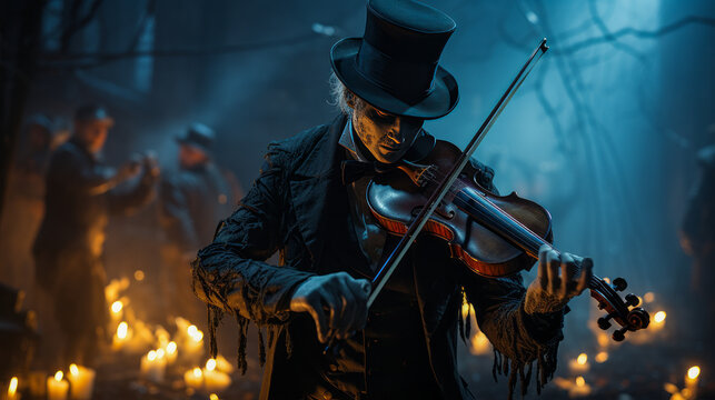 Eerie phantom violinist in tuxedo, playing spectral music to a haunted crowd in an atmospheric concert hall.