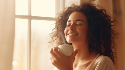 Portrait of joyful young woman enjoying a cup of coffee at morning - obrazy, fototapety, plakaty