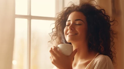Poster Portrait of joyful young woman enjoying a cup of coffee at morning © leszekglasner