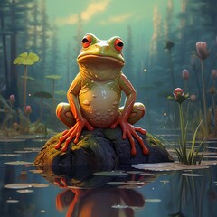 A green frog is sitting on a leaf floating in water Ai generated art
