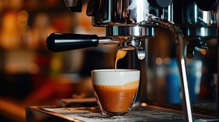 Espresso pouring from coffee machine to cup close up - obrazy, fototapety, plakaty