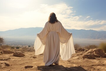 Christ, adorned in a dazzling white robe, stands on the Mount of Transfiguration