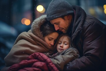 Obraz premium Homeless family huddled together for warmth on a cold night - Harsh realities of life - AI Generated
