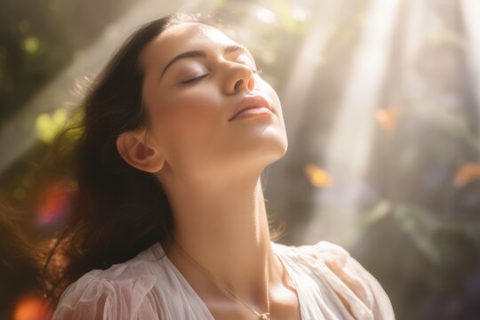 Woman using deep breathing to alleviate stress - Breath as a beacon - AI Generated