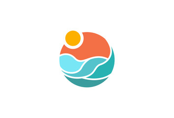 Travel agency logo, sun and sea icon. Blue wave and yellow sun minimal sign. Summer logo, landscape