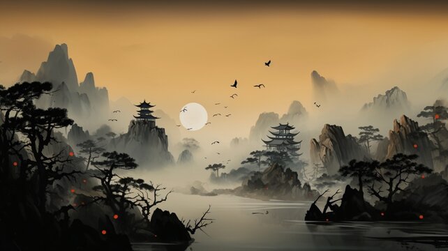 A painting with an asian landscape and various heroes Ai generated art