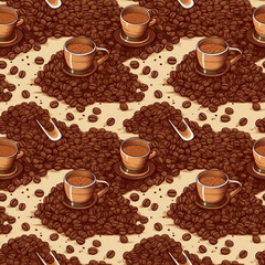 Coffee beans pattern drawing seamless wallpaper for design