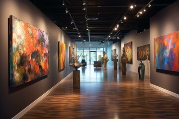 The room is filled with an exuberant art display, inviting viewers to admire the colorful paintings embellishing the surroundings. Generative AI - obrazy, fototapety, plakaty