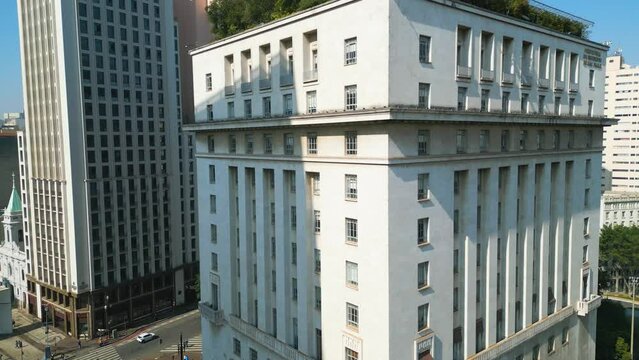 Sao Paulo, Brazil - May 2023 - Drone aerial shot of City hall at downtown Sao Paulo Brazil. Stunning landscape of historic centre of city.Viaducts of historic center.
